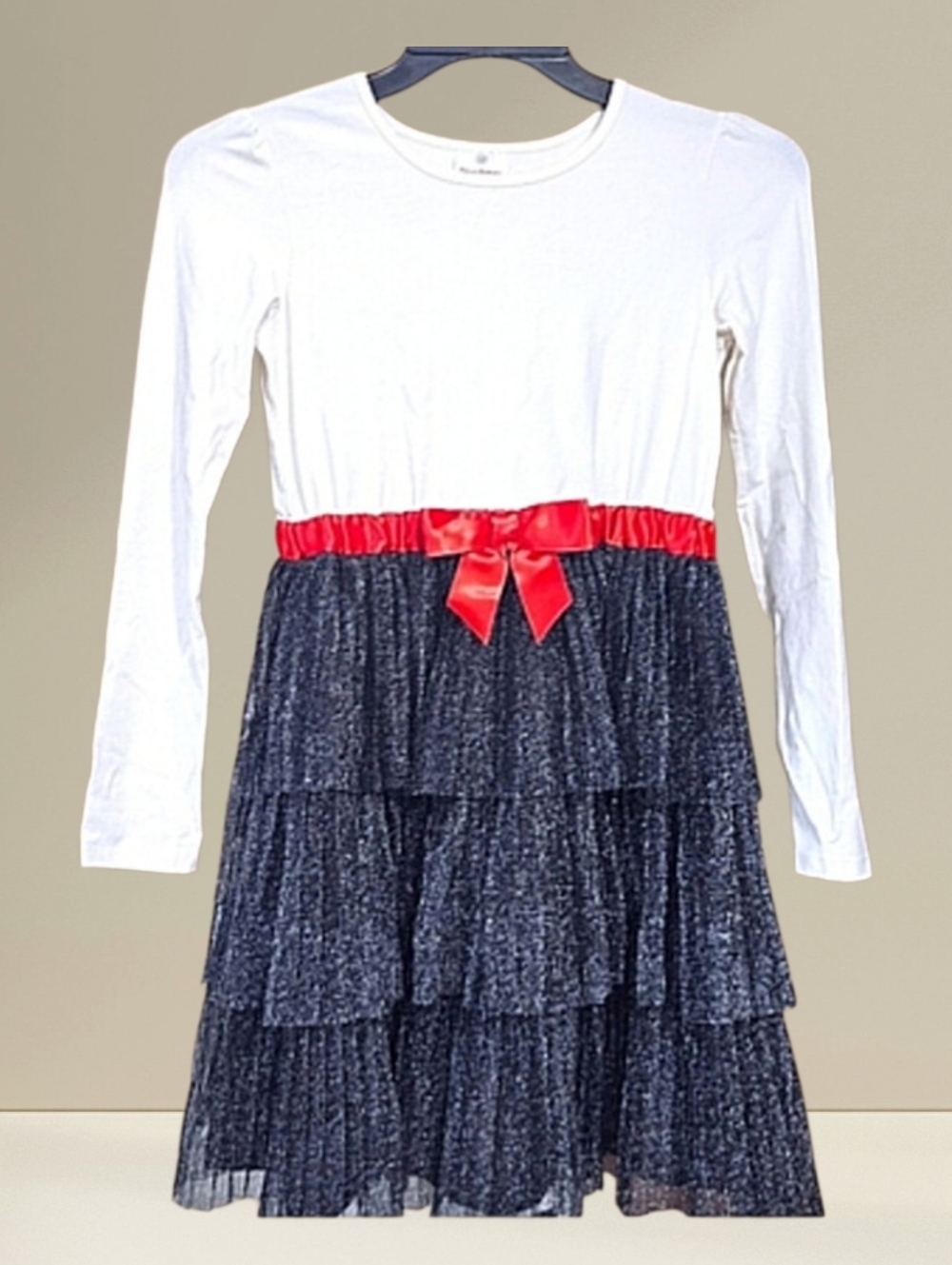 Hanna Andersson Tiered Sparkle Tulle Satin Bow Long Sleeve Holiday Party Dress